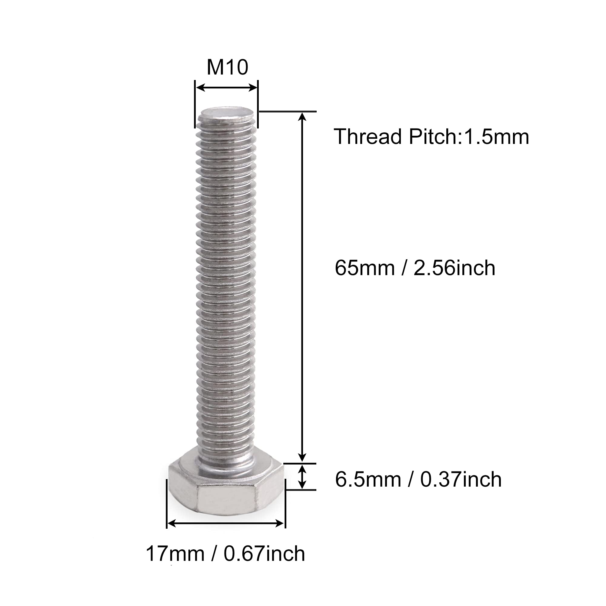 VictorsHome M10 Hex Bolts Screws, M10-1.5 x 65mm 304 Stainless Steel Fully Threaded Hex Head Bolt 5pcs, M10x65mm - Image 2
