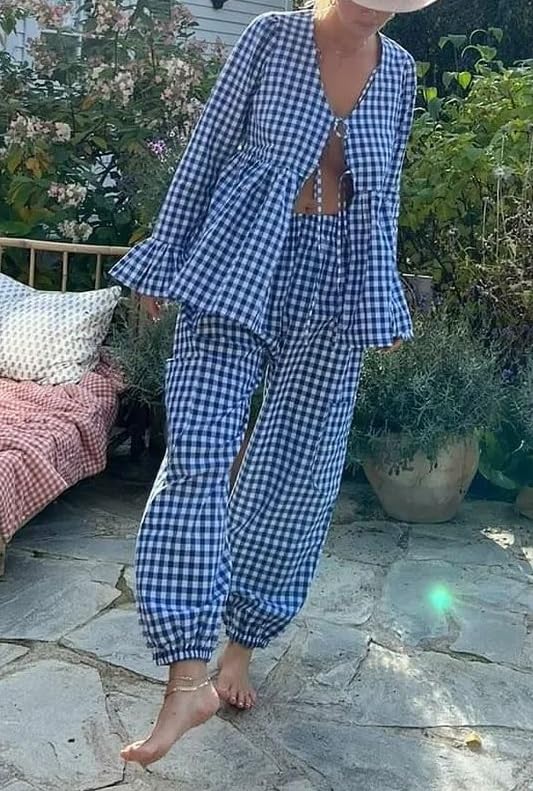 Image of Argeousgor Women Plaid 2 Piece Pajama Set Button Down Puff Sleeve Babydoll Shirt Gingham Pants Pj Lounge Set Sleepwear