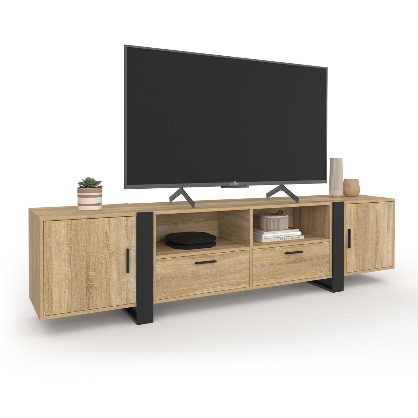 IDMarket - Meuble TV 200 cm Phoenix 2 Portes 2 tiroirs Bois et Noir