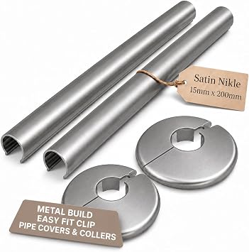 Radiator Pipe Covers 15mm x 200mm Metal Pipe Sleeves | Satin Nickle