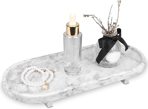 Miniatura 8 de HESHIBI Bandeja ovalada de mármol para tocador de baño con pata, bandeja decorativa pequeña de piedra natural de lujo, dispensador de jabón, bandeja
