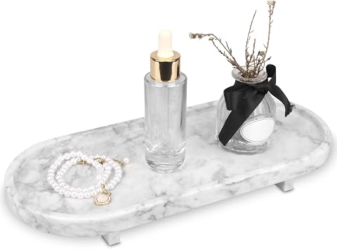 Marble Oval Bathroom Vanity Tray with Leg,Natural Stone Small Decorative Tray,Soap Dispenser Dresser Top Perfume Home Kitchen Toilet Tray for Soap Bottles, Key Trinket Ring Tray White Grey