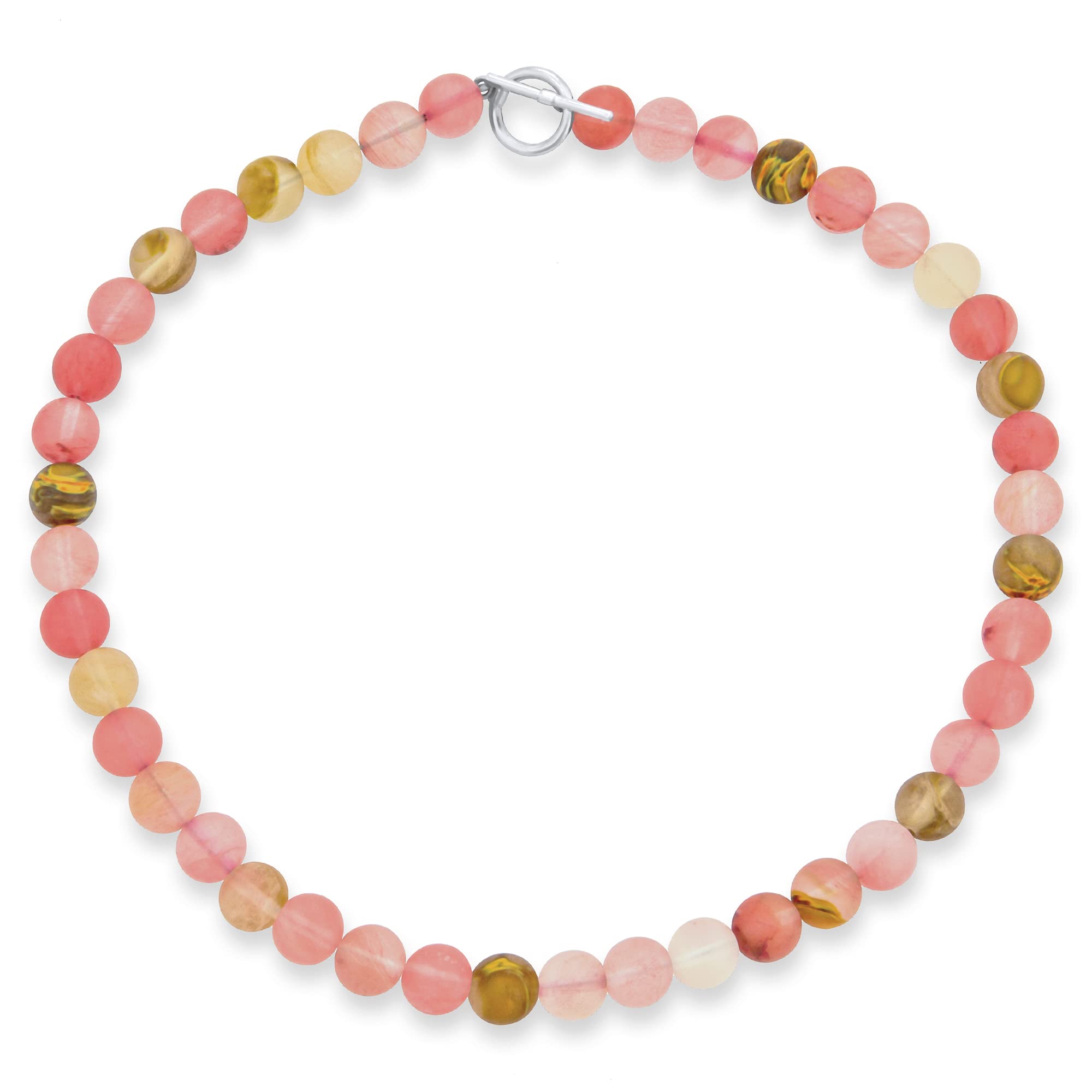 Bling Jewelry Collar de cuentas redondas de 10MM de jaspe taupe mixto simple multicolor y cuarzo rosa mate, joyería occidental para mujeres con cierre plateado de 17 pulgadas.