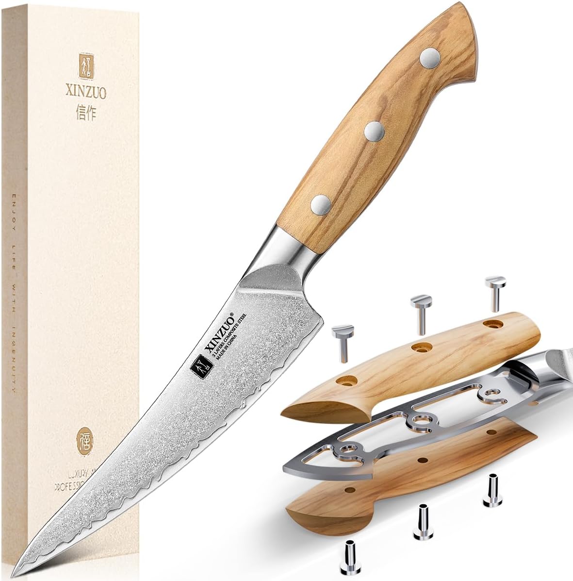 XINZUO Curved Boning Knife 6.3 Inch, 3 Layers Composite Steel,For Meat Cutting, Filleting-Full Tang With Ergonomic Olive Wood Handle - Image 1 of 9