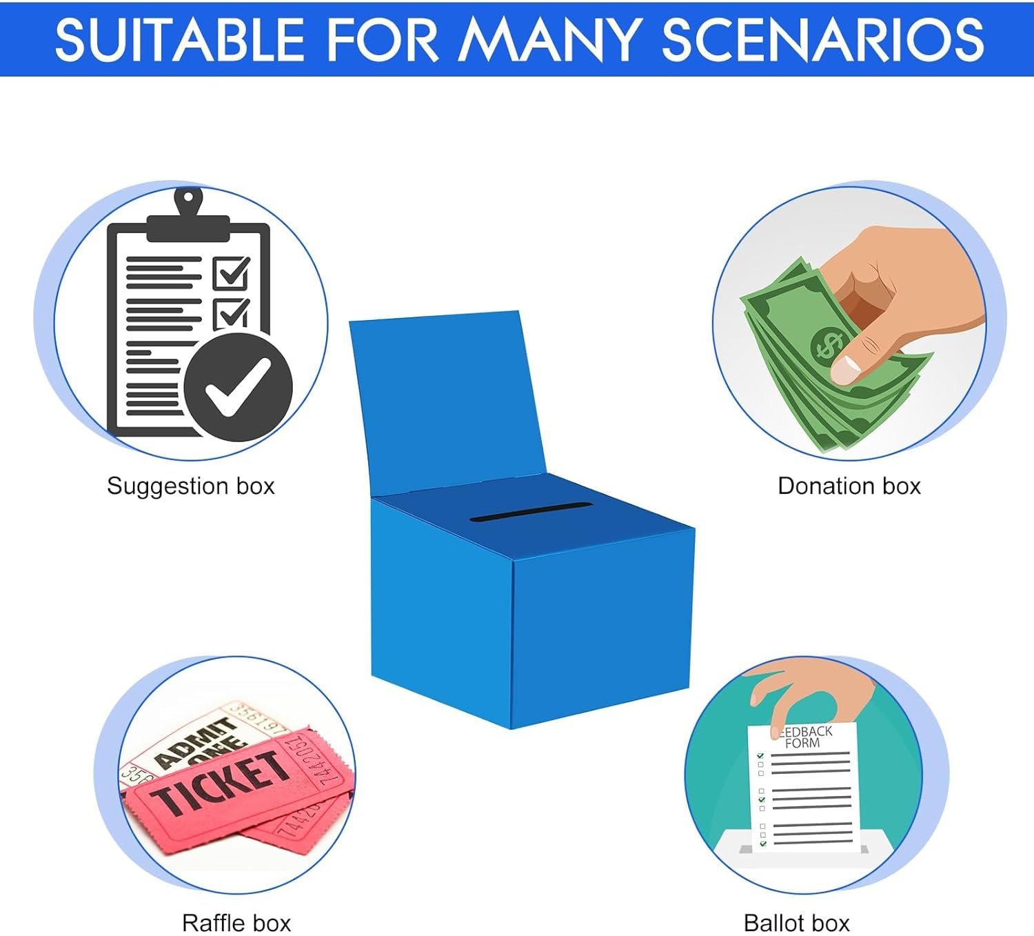 20 Pack Raffle Boxes Ballot Box Suggestion Box with Slot, 6.5 x 4.5 x 4.5 Inch Cardboard Raffle Boxes with Slot for Ticket and Removable Header for Collecting Business Card Voting Contest (Blue)