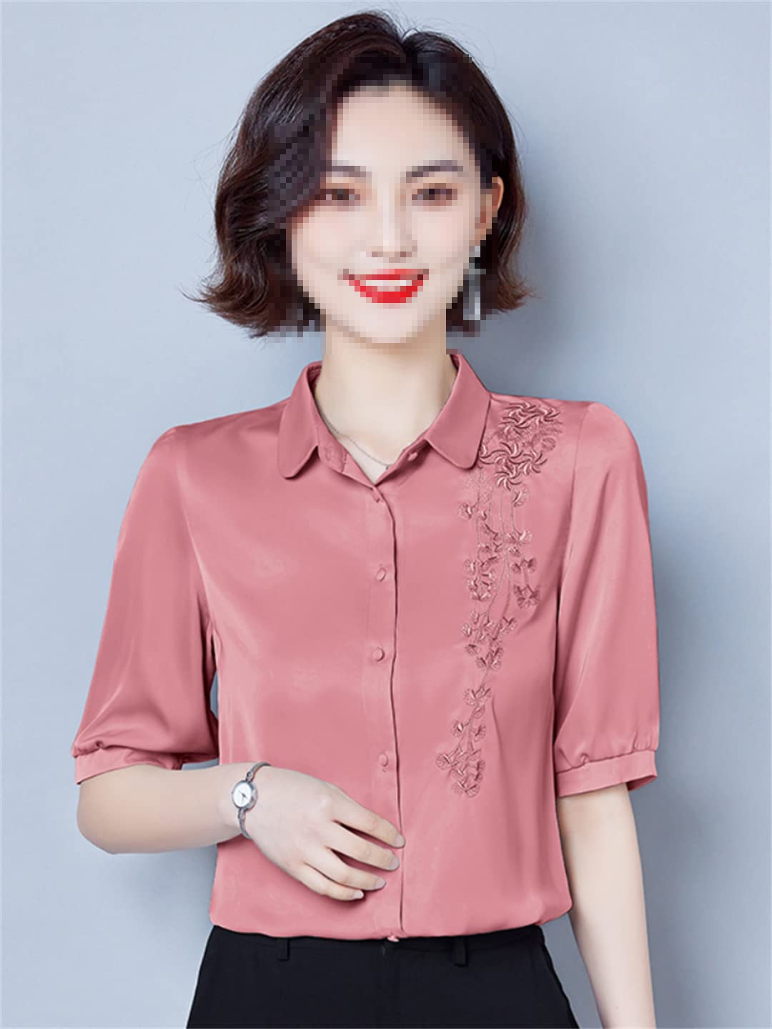 Femmes Broderie Bouton Up Chemise À Manches Courtes Chemises en Satin Floral Col en V Chemisier d'affaires pour Le Bureau De Travail