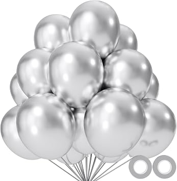 110pcs Metallic silver Balloons, Metallic silver Latex Balloons 12 inch, silver Balloon for Birthday Party Baby Shower Weddingwith 2 Ribbons.