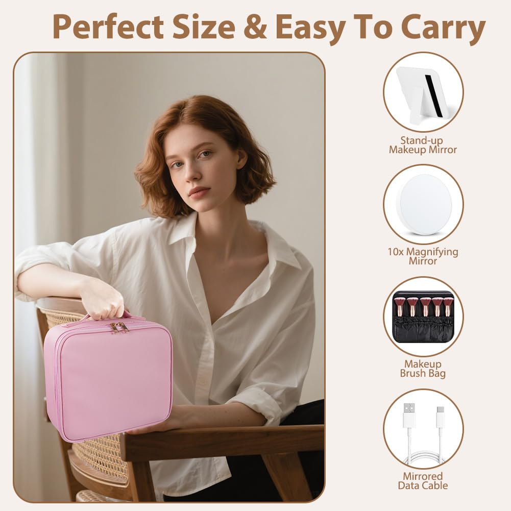 OSDUE Beauty Case da Viaggio Donna 23x26 cm Borsa Cosmetica con Specchio 3 Colori LED Porta Trucchi Rosa