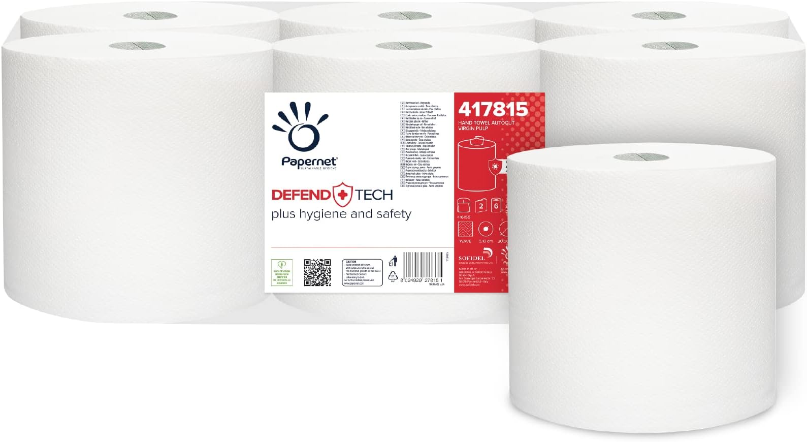 Papernet Defend Tech - Centrefeed Paper Towel Roll 417815, 6 Rolls of 115m Pure Cellulose Paper Towel, with Antibacterial Formula, 2 Plies, 330 Tears per Roll of 19.7 x 35cm