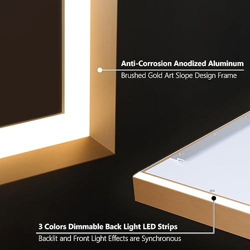 Miniatura 7 de WELLFOR Espejo de pared con marco LED de 24 pulgadas de ancho x 32 pulgadas de largo, retroiluminado e iluminado frontal para baño, hotel, espejo de