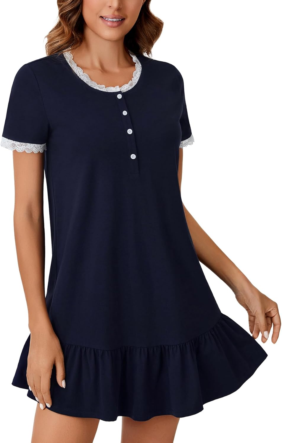 Vrtige Women's Lace Trim Nightshirt Crewneck Button Short Sleeve Nightgown Soft Sleepshirt - Image 4