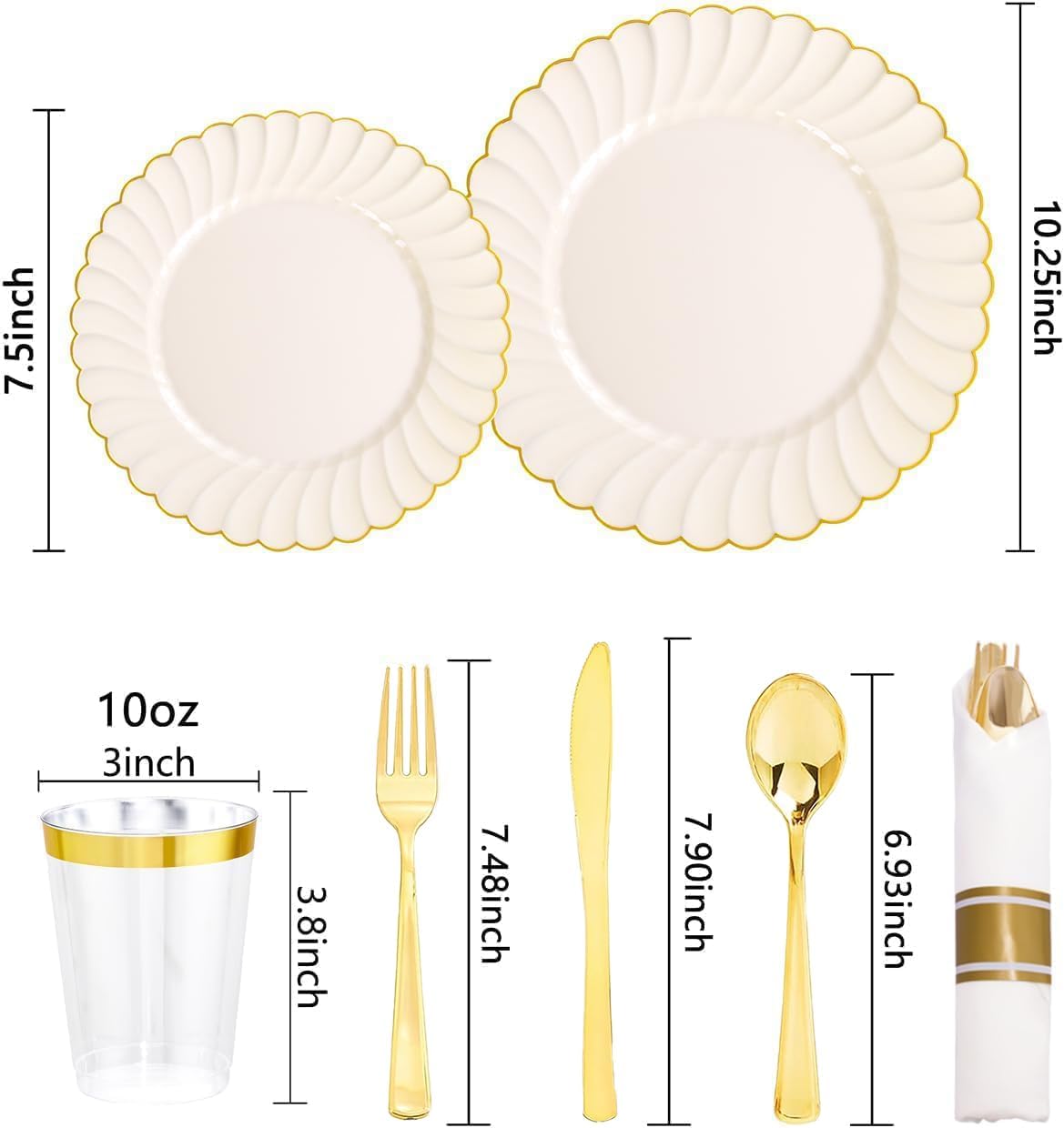 YOUBET 350PCS Ivory Scalloped Plastic Plates - Ivory and Gold Disposable Dinnerware Set Include 100 Plates, 150 Gold Silverware, 50 Cups, 50 Napkins for Wedding & Party