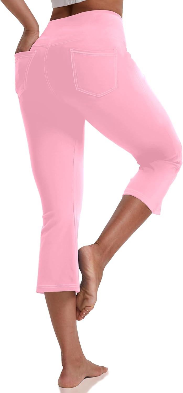 VOOVEEYA Women's Capri Leggings, Yoga Capris Pants with Pockets Stretchy Crop Pants High Waisted Straight Leg 21"