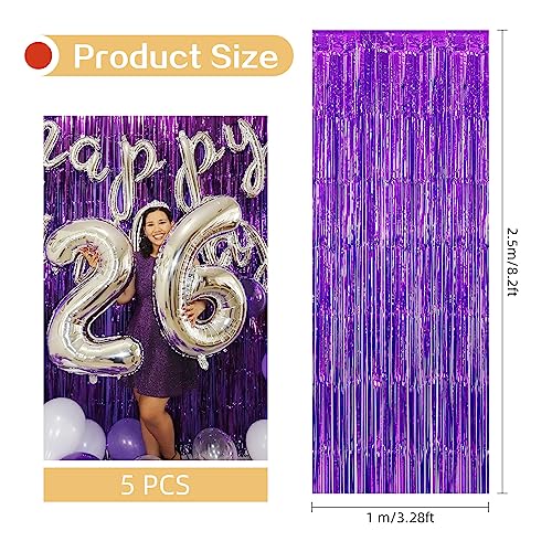 Image of 5 Pack Purple Fringe Backdrop 3.2ft x 8.2ft Foil Curtain Tinsel Foil Fringe Curtains Backdrop Tinsel Backdrop Streamers for Birthday Curtain Party Decoration Wedding Christmas Decoration (Purple)