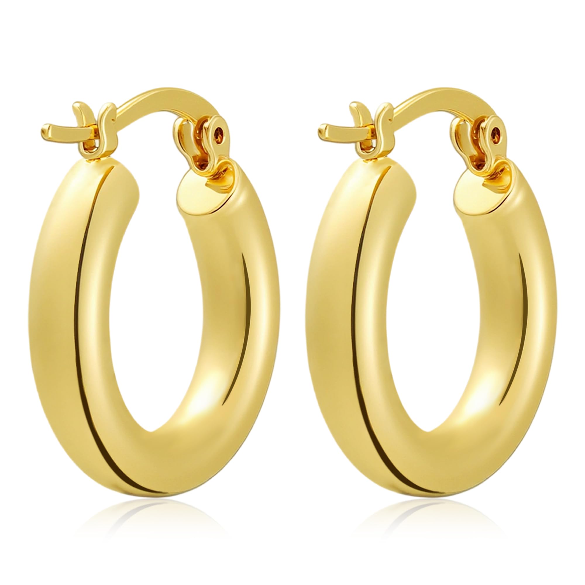 Hoop Earrings for Women, 18K Gold Plated Hoops Earrings, Hypoallergenic Lightweight Comfort Hollow Tube Hoops with Secure Push Lock, Chunky and Sleek