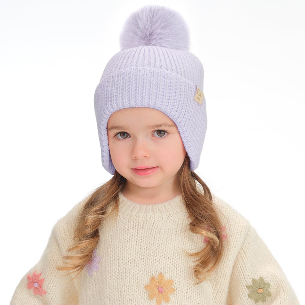 C.C Kids Ear Flap Fur Pom Beanie for Boys Girls - Comfortable Soft Warm Children Youth Knit Skully Hat with Faux Fur Pom - Image 6