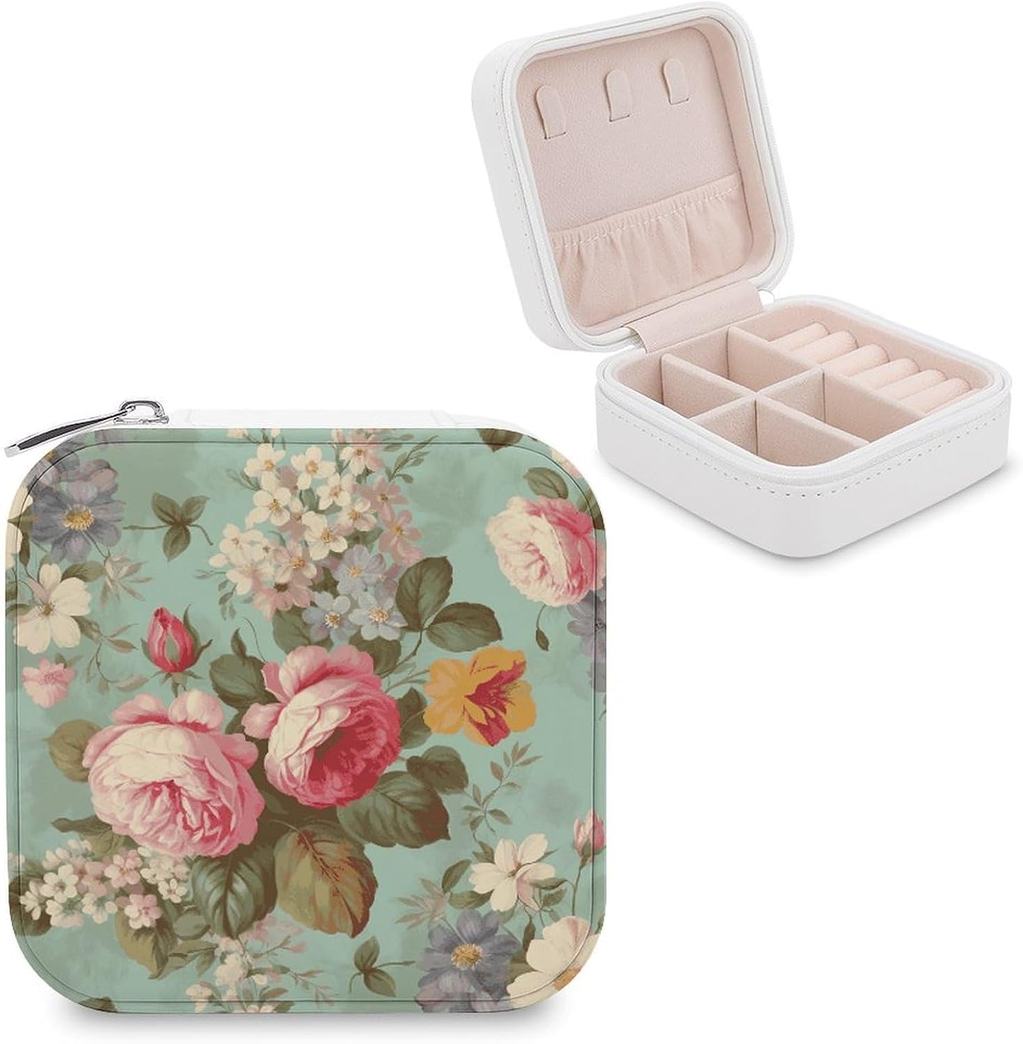 Travel Jewelry Box for Women Waterproof PU Leather Vintage Floral Flowers Jewelry Organizer Tangle Free Portable Storage Holder Case for Necklace Pendant Bracelet Ring Watch Earring Bangle