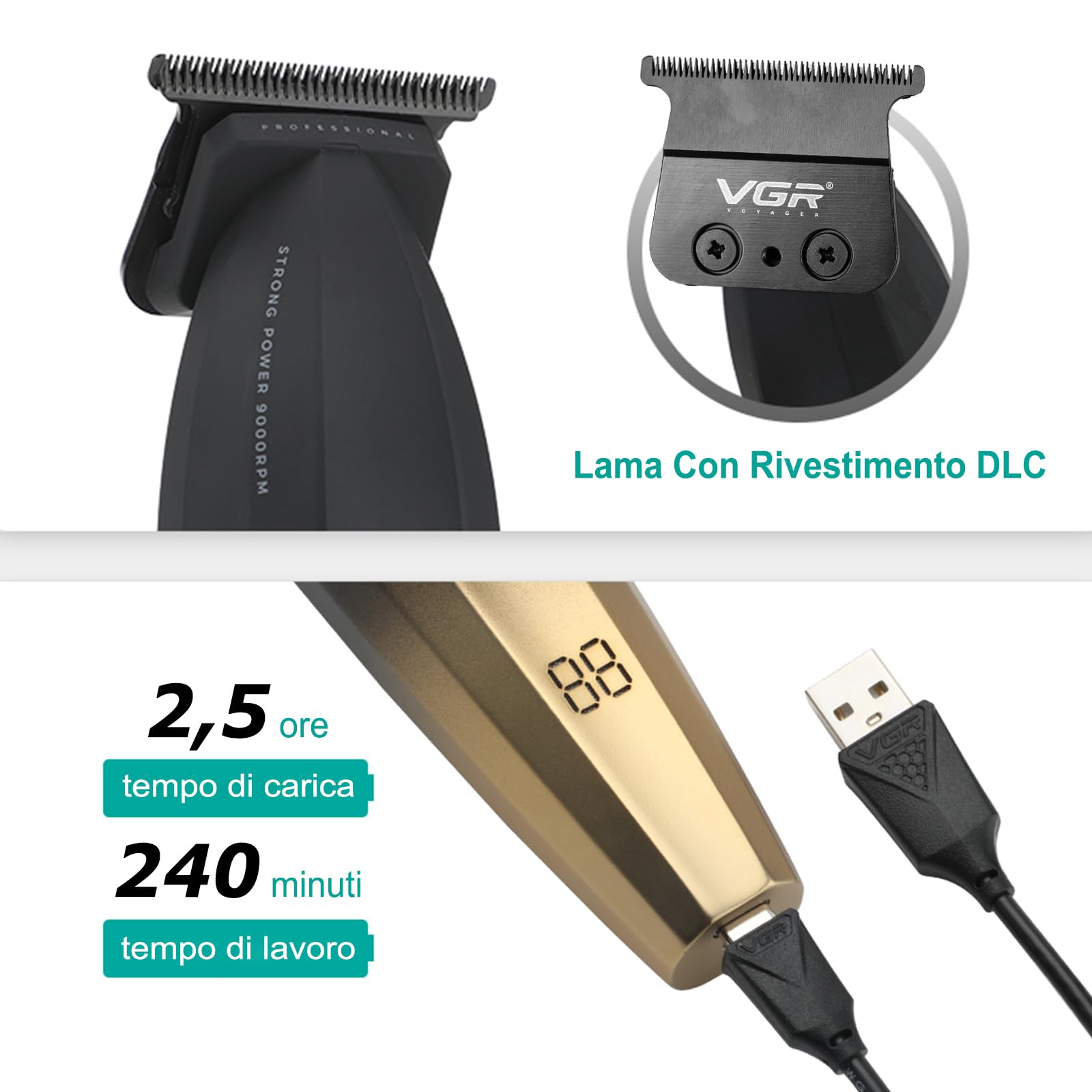 VGR 906 Fresh Fade - Regolabarba professionale da uomo, 9000 giri/min, senza fili, con lama a T DLC, per barbieri e ricaricabile tramite USB