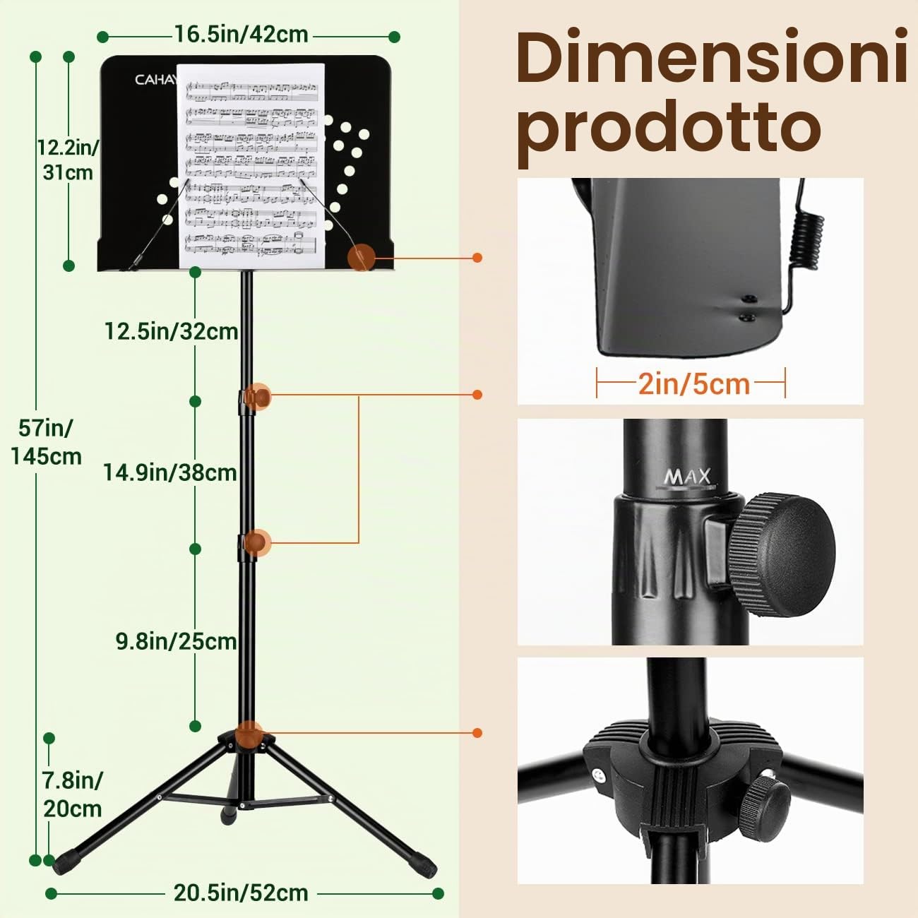 CAHAYA 2-in-1 Leggio Spartiti Musicali & Supporto da Tavolo per Libri [Nuova Versione] Regolabile da 80-145cm Reggi Spartito con Borsa di Trasporto