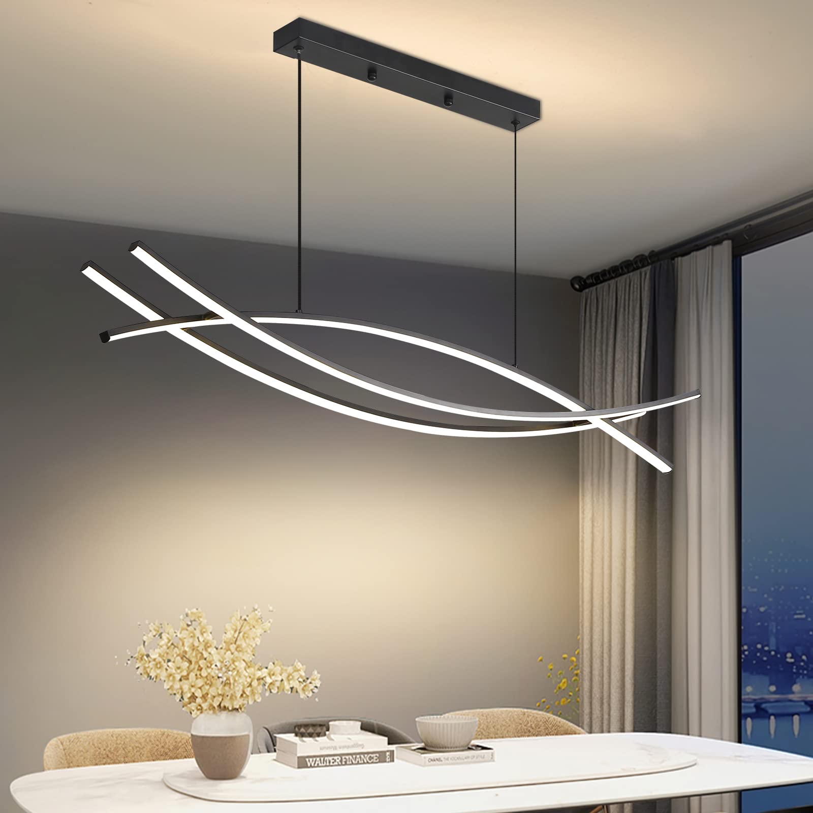 Mikeru 100CM Modern LED Pendant Light, Minimalist Ceiling Lighting with Remote Control Dimmable Brightness 3000K/4500K/6000K 3 Color Chandelier 10% to 100% for Kitchen Island, Living Room — image 1