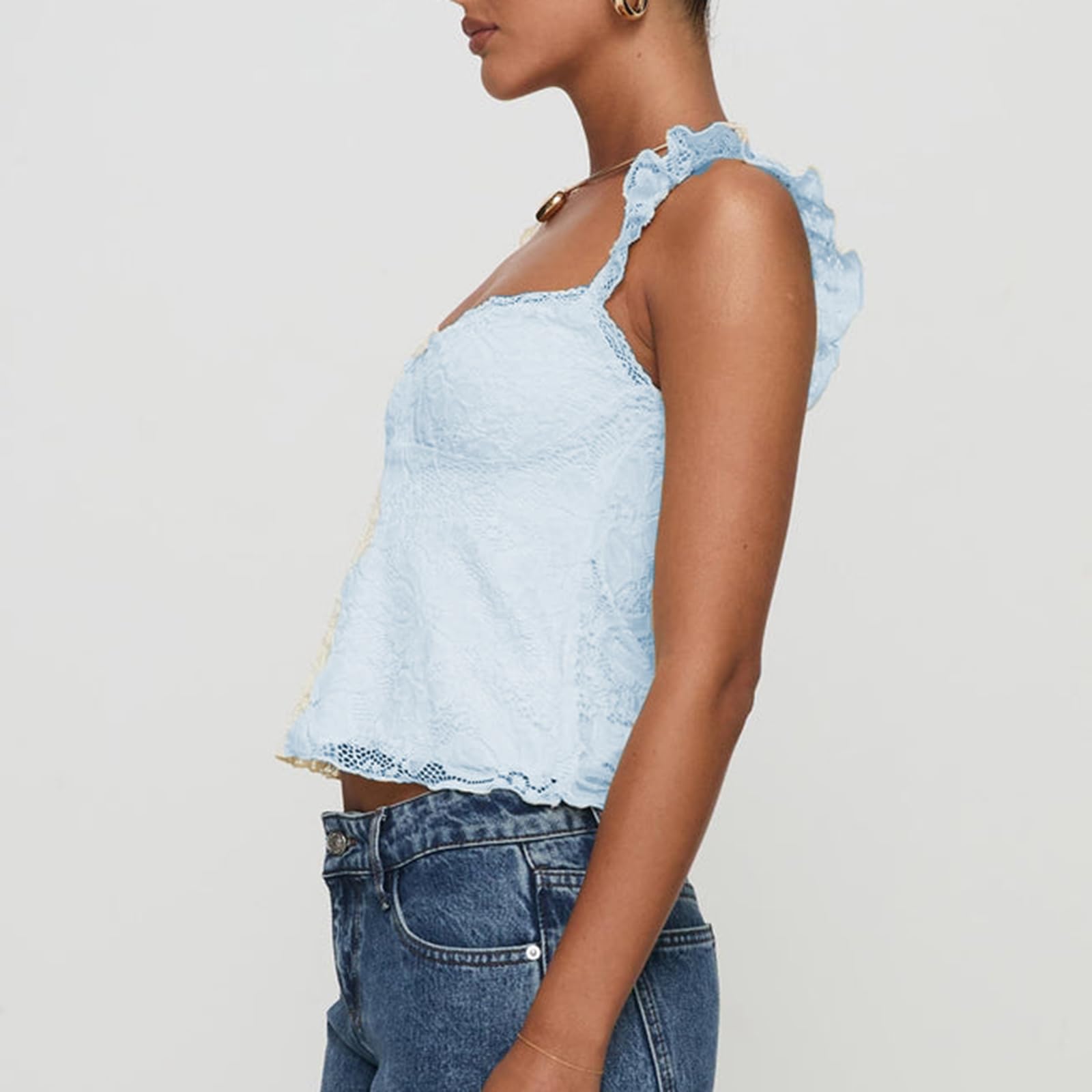 Meihuida Women's Lace Babydoll Cap Sleeve Tank Top: Floral Blue Medium