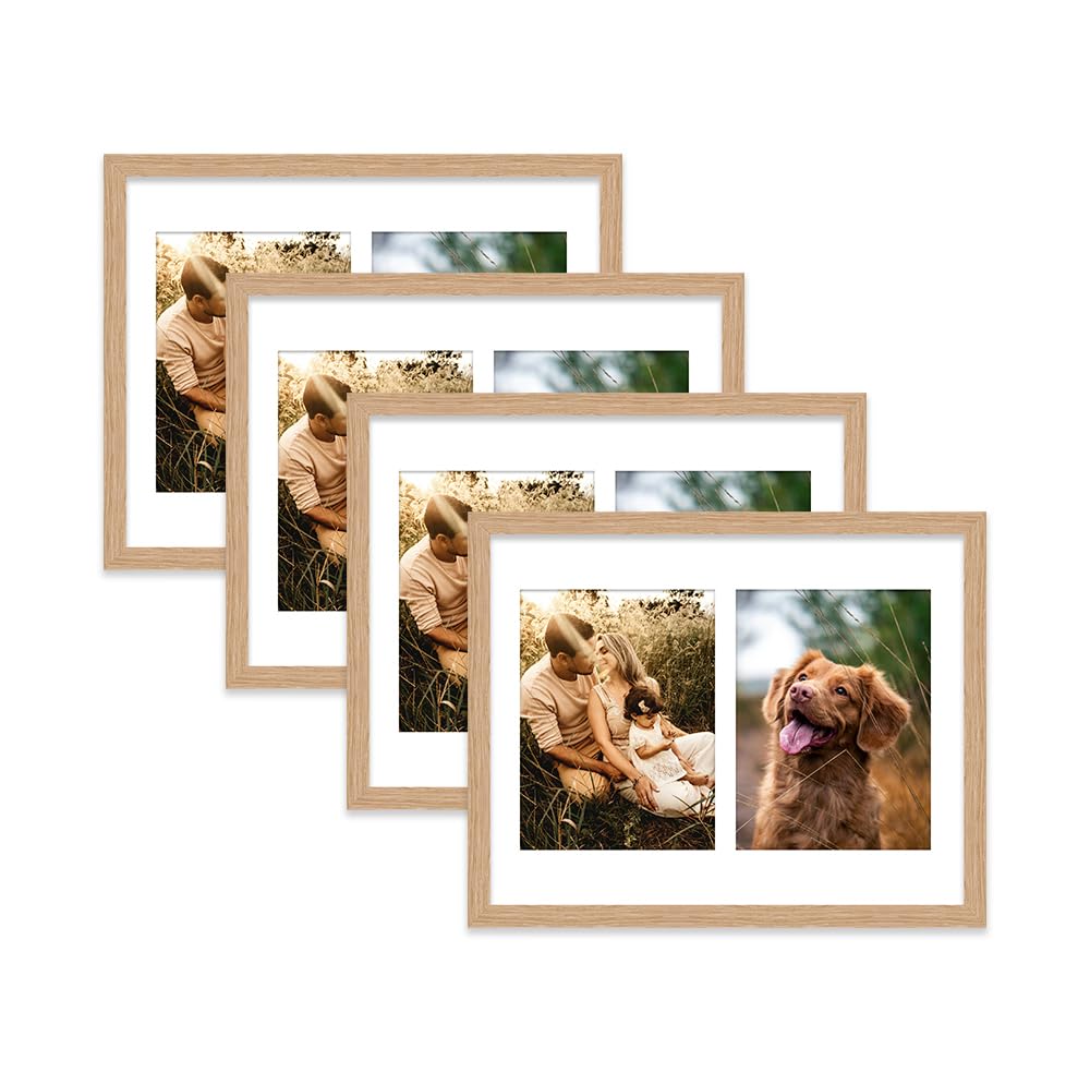 Oak Multi Photo Frame - Holds 2 x 8x6 Pictures, Family Collage Picture Frame for Wall Display, 14x11 Frame size, Set of 4