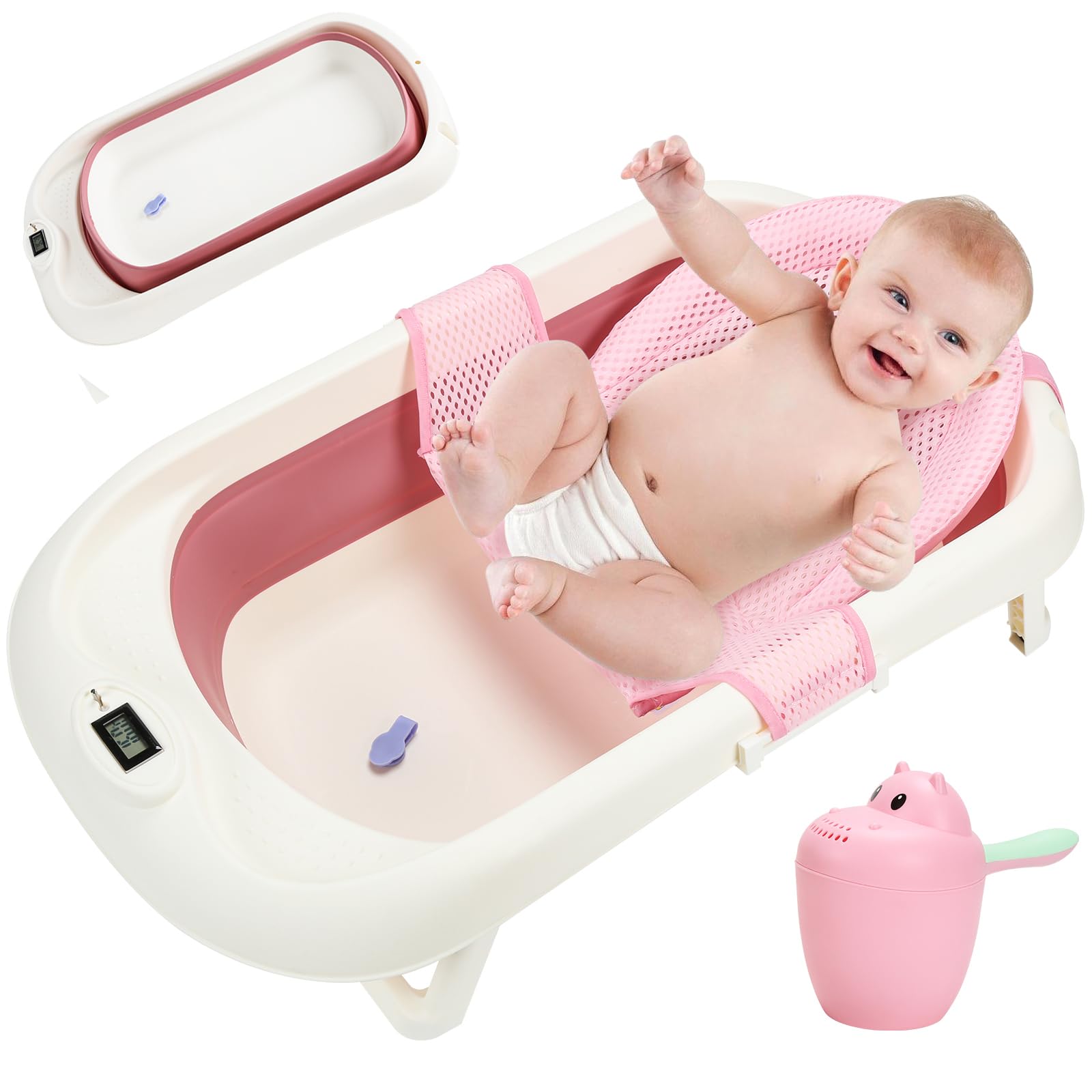 SWANEW Baby Badewanne, Faltbar Babybadewanne, Klappbare Badewannen, Baby Badewanne mit Thermometer und Bath Mat, Baby-haarwaschbecher, Babybadewanne Neugeborene für Babys 0-6 Jahre,Rosa