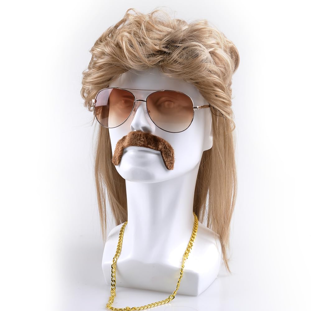 MOVINPE 80s Mullet Wig for Men 80s Wigs Rocker Accessories Sunglass Necklace Moustache Halloween Costume 1980s 1990s Party (Long/Mullet/Brown) - Image 7
