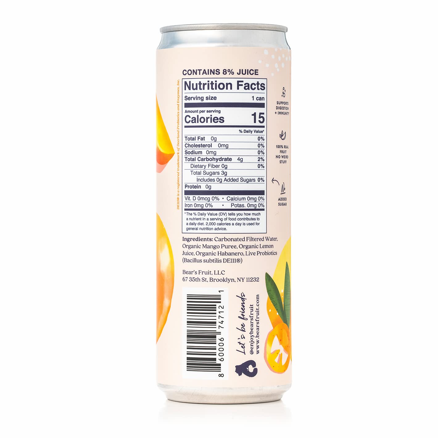 Bear's Fruit Probiotic Sparkling Water, Mango Habanero, Made with 100% Real Fruit & Fresh Herbs, No Sugar Added, No Stevia, No Weird Stuff, 12 fl oz (Pack of 12)