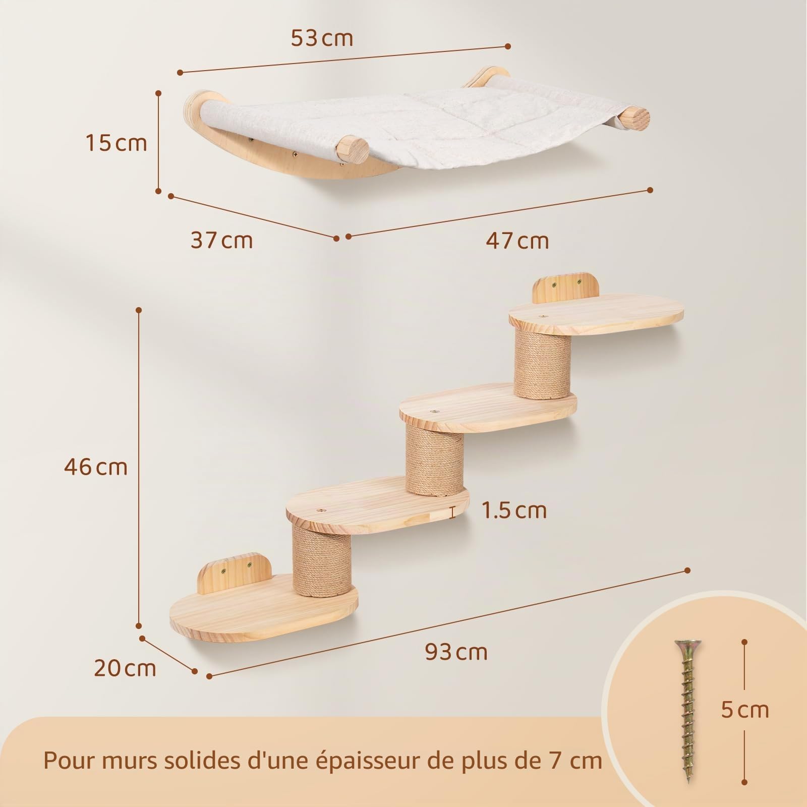 Todeco Mur d'escalade pour chat - Montage mural - Avec escalier et hamac pour chat - Mur d'escalade à quatre niveaux avec grattoir en jute pour chats et tapis antidérapant - Échelle 2 en 1 - Meuble