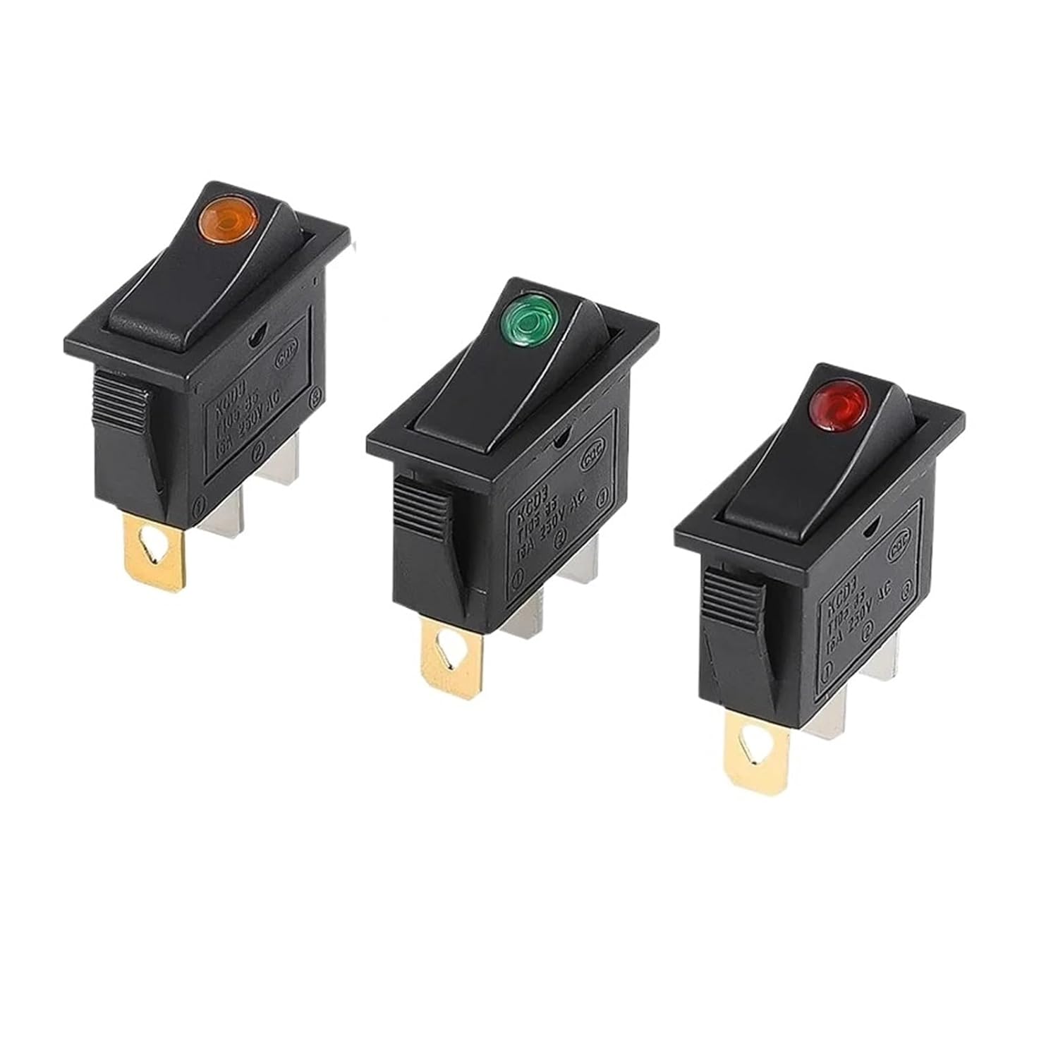 1/5 3-pin Rocker Push Button Switch KCD3 ON-Off 2-Position LED AC 16A 250V Copper feet/Silver Contacts(Green,5pcs)