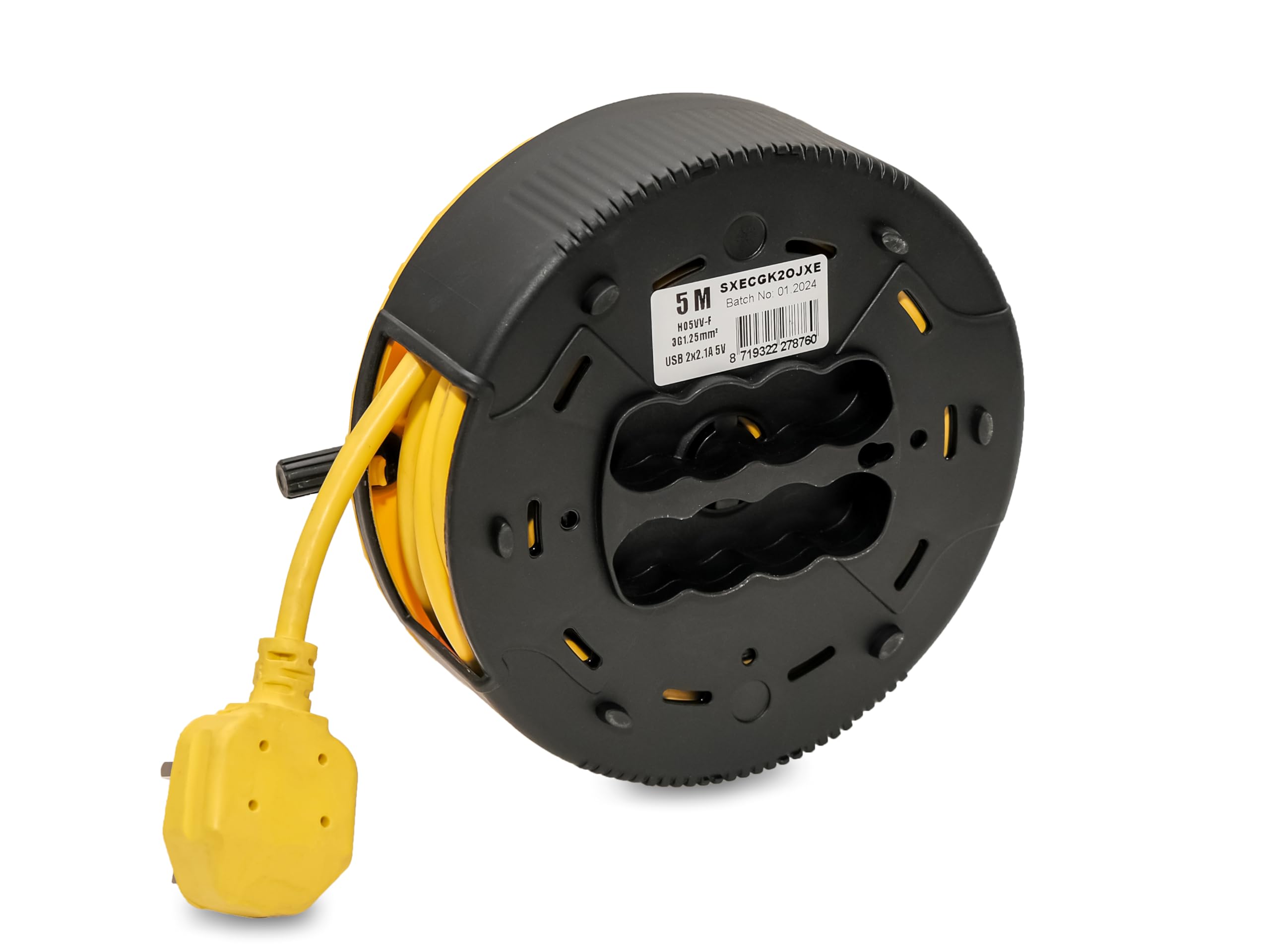 STANLEY Carrete de cable de 5 m con cuatro enchufes de 240 V y dos tomas USB. El diseño garantiza que el cable esté completamente protegido durante el transporte. Sistema de protección contra