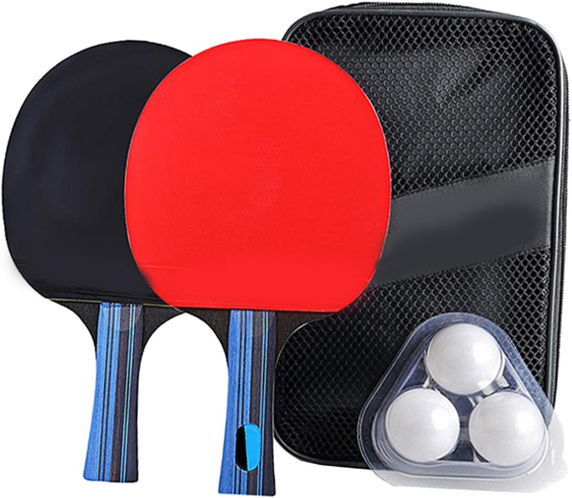Table Tennis Paddles Set with Short Handle Bats Balls and Carry Bag for Outdoor Indoor Play Double-Sided Reverse Adhesive Rubber for Fast Speed and Rotation Suitable for Beginners