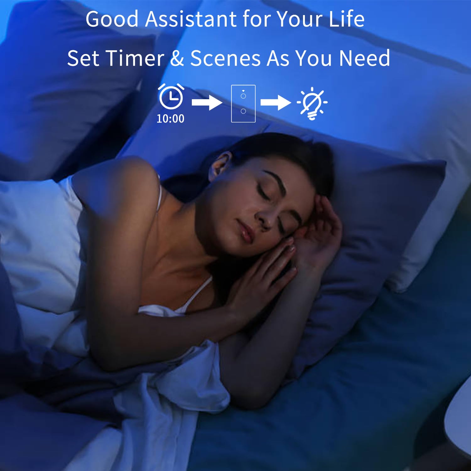Woman sleeping with a timer icon and light switch icon indicating automated lighting