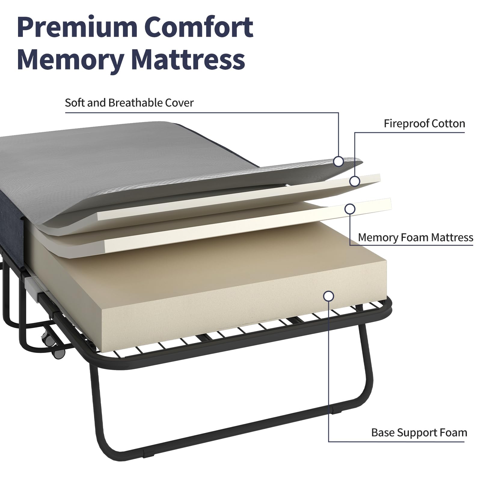ZAFLY 75 x 31” Folding Bed, Fold Up Rollaway Bed with 4” Memory Sponge for Adults, Foldable Portable Guest Beds Camping Cot, Roll Away Sleeping Beds for Adults with Wheels, Space Saving