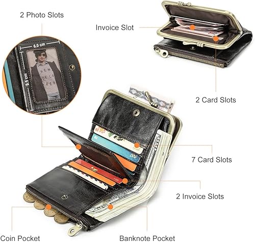 Miniatura 4 de Cartera de cuero con cierre de beso para mujer, con cremallera, bolsillo para monedas, vintage, plegable, Rfid, tarjetero, Marrón, Vintage