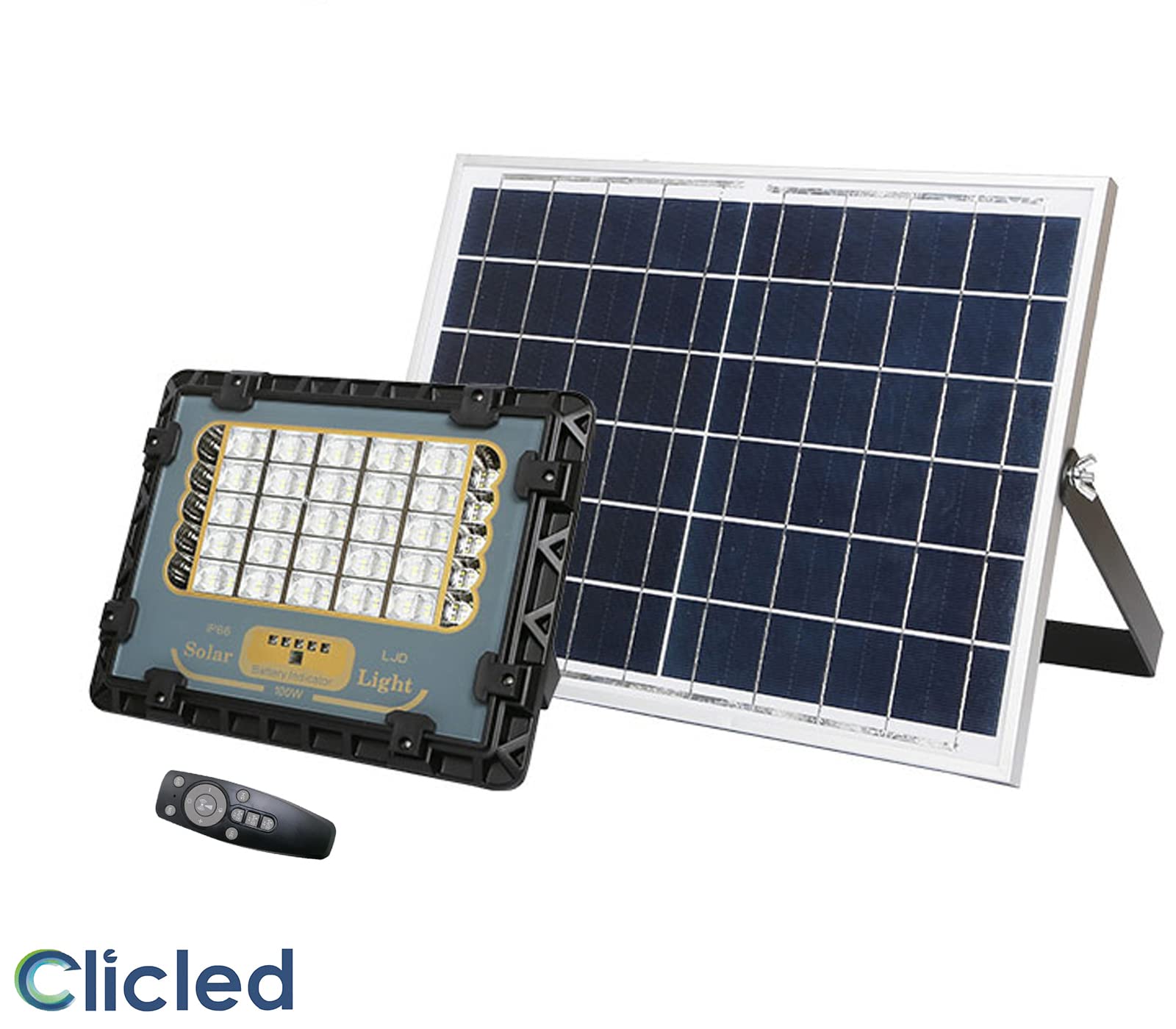 CLICLED Faro Led Da Esterno Solare 150W Luce Fredda Faretto Led Da Giardino Con Luce Rossa e Blu Di Emergenza e Indicatore di Ricarica Pannello Solare Sensore Crepuscolare E Telecomando