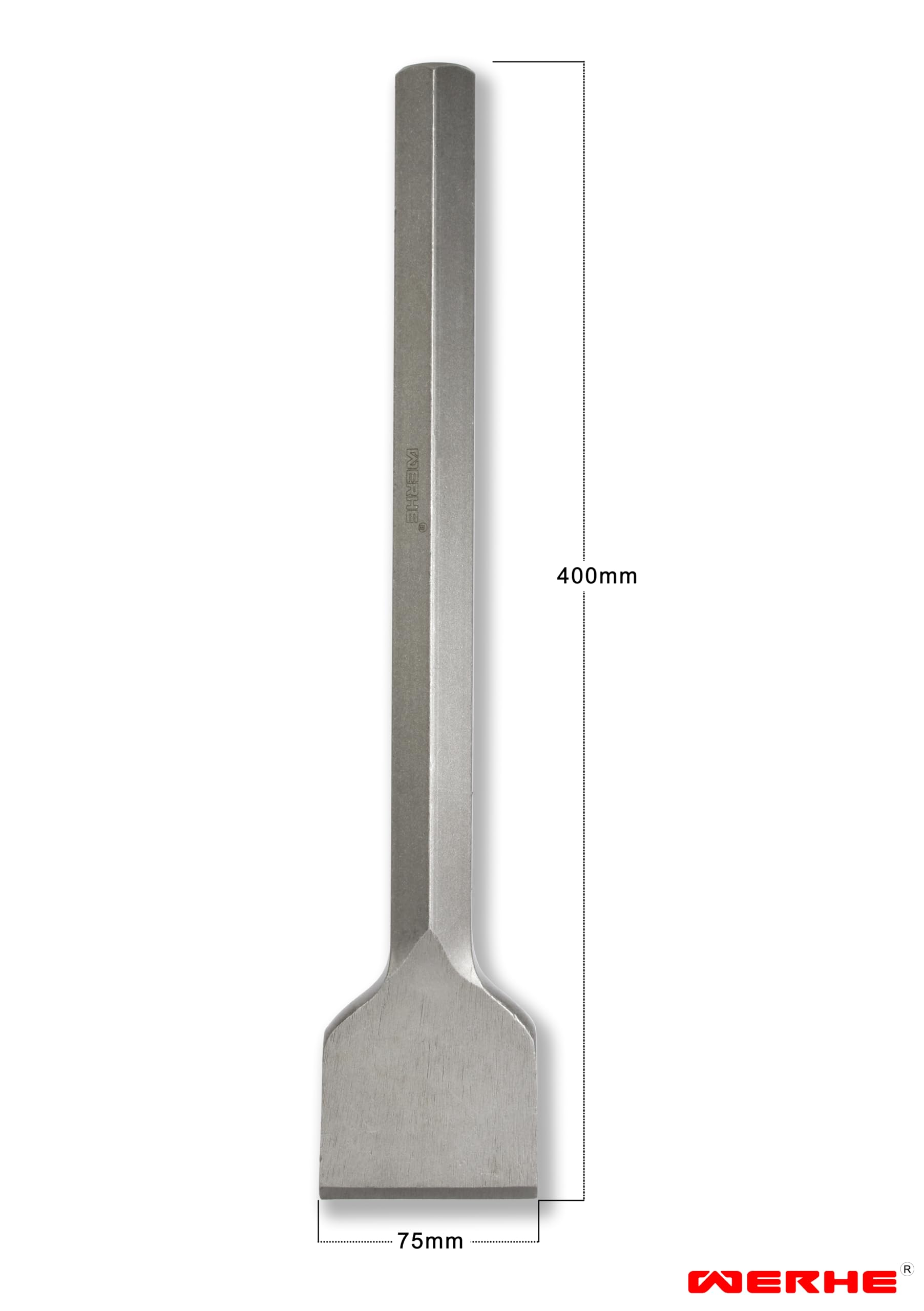 Scalpello a spatola professionale WERHE® HEX28 75 x 400 mm – Scalpello piatto per martello demolitore – Acciaio per utensili robusto
