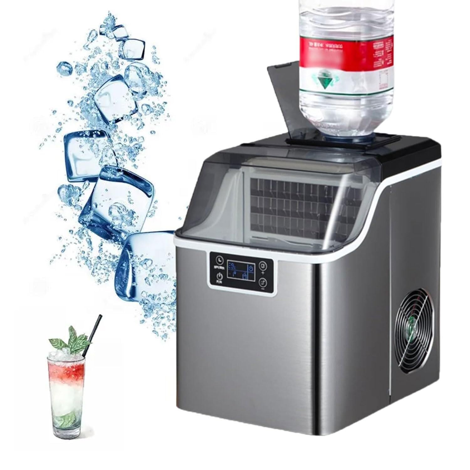 Desktop Ice Maker, 30kg/Day Square Ice Cube Making Machine, Double Water Adding Mode, 24pcs/time Pellet Ice Maker for Cold Drink Shop, Home, Bar, Milk Tea Shop 150W