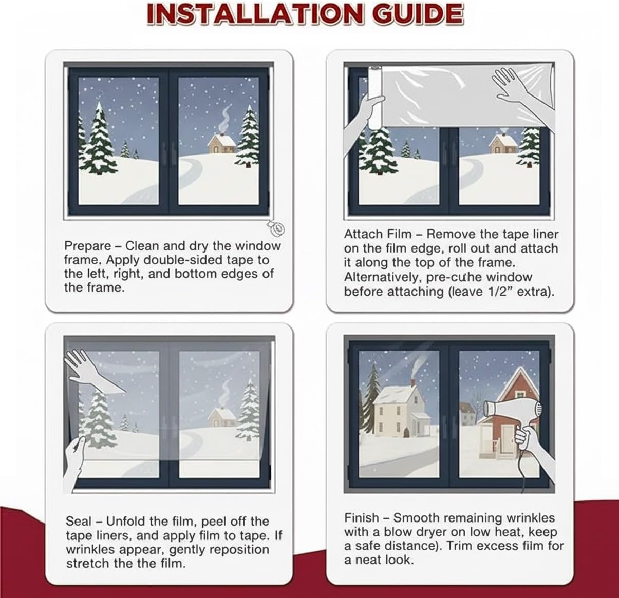 Window Plastic Insulation Kit for Winterizing 30" 33" 37" 43" 47" 55" Clear Winter Window Insulation Film Windows Cold Air Blocker Reusable Windows Wrap Weatherproofing Keep Warm(60" W x 103" H)