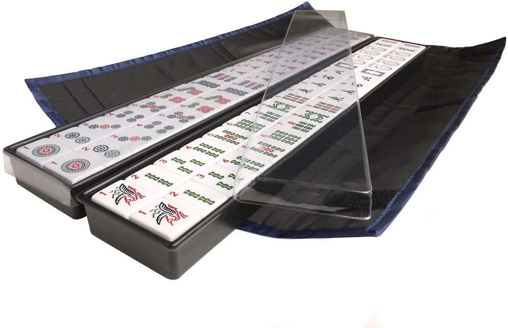American Mah Jongg Set - 166 Premium White Tiles, 4 All-in-One Rack/Pushers, Blue Canvas Bag