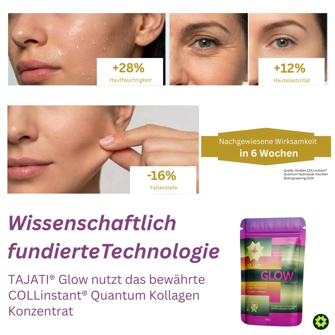 Colágeno Glow Beauty – efecto antienvejecimiento visible después de 6 semanas por 800 péptidos Dalton clínicamente probados de COLLinstant® LMW – complejo de colágeno en dosis altas para