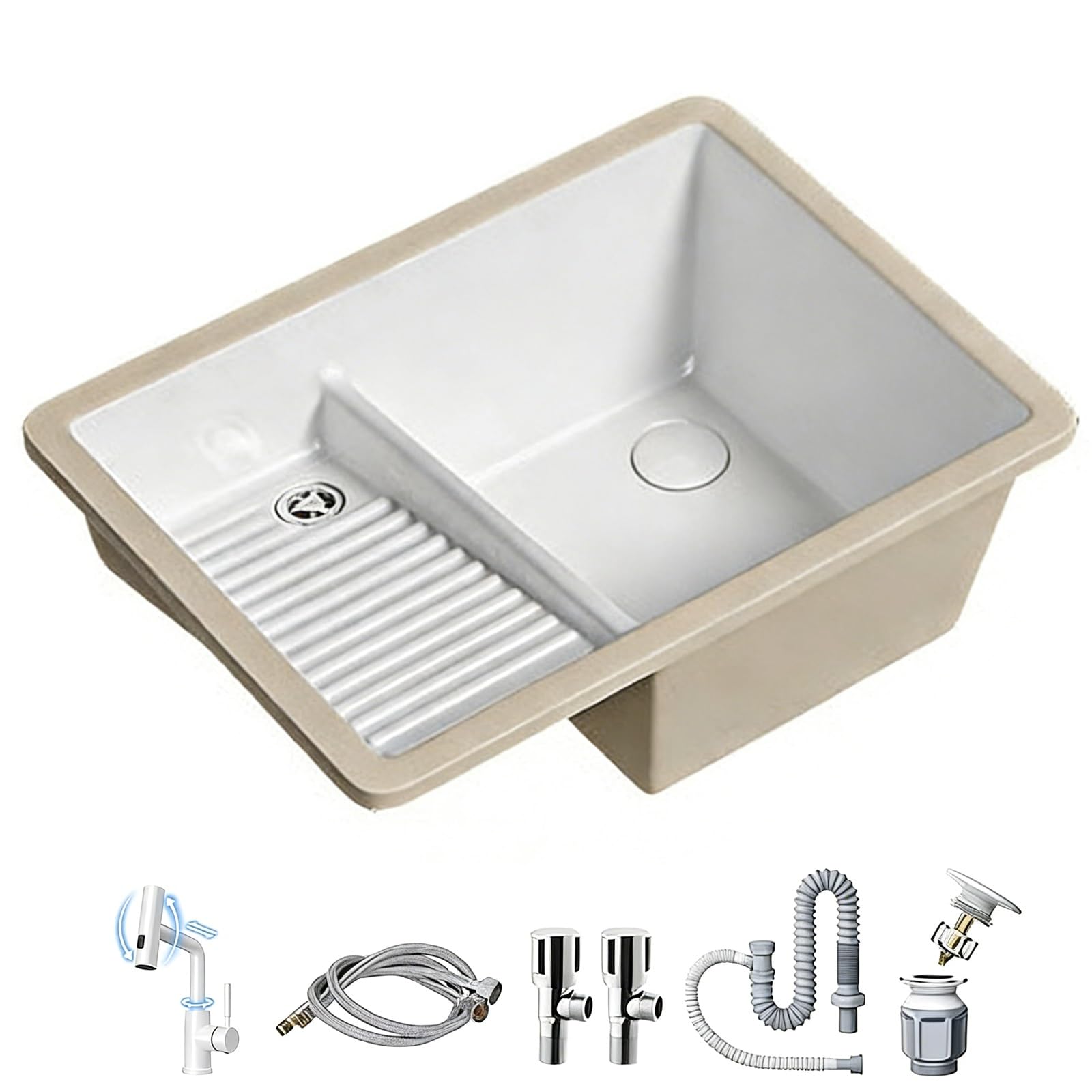 Fregadero de lavandería con grifo extraíble y tabla de lavado, lavabo de cerámica para lavandería, baño, balcón