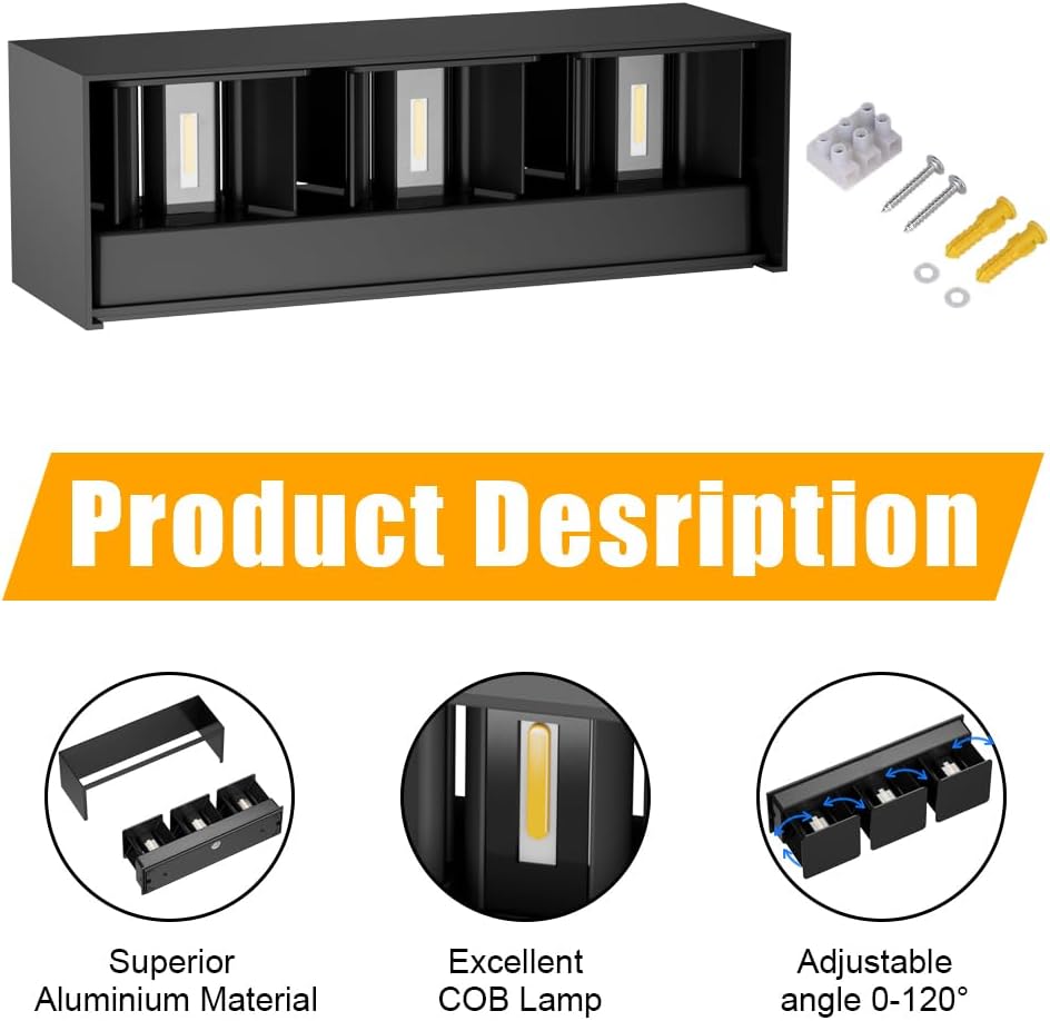 Exploded view of the Klighten LED wall light showing its aluminum housing, COB lamp, and adjustable angle mechanism, along with mounting hardware.