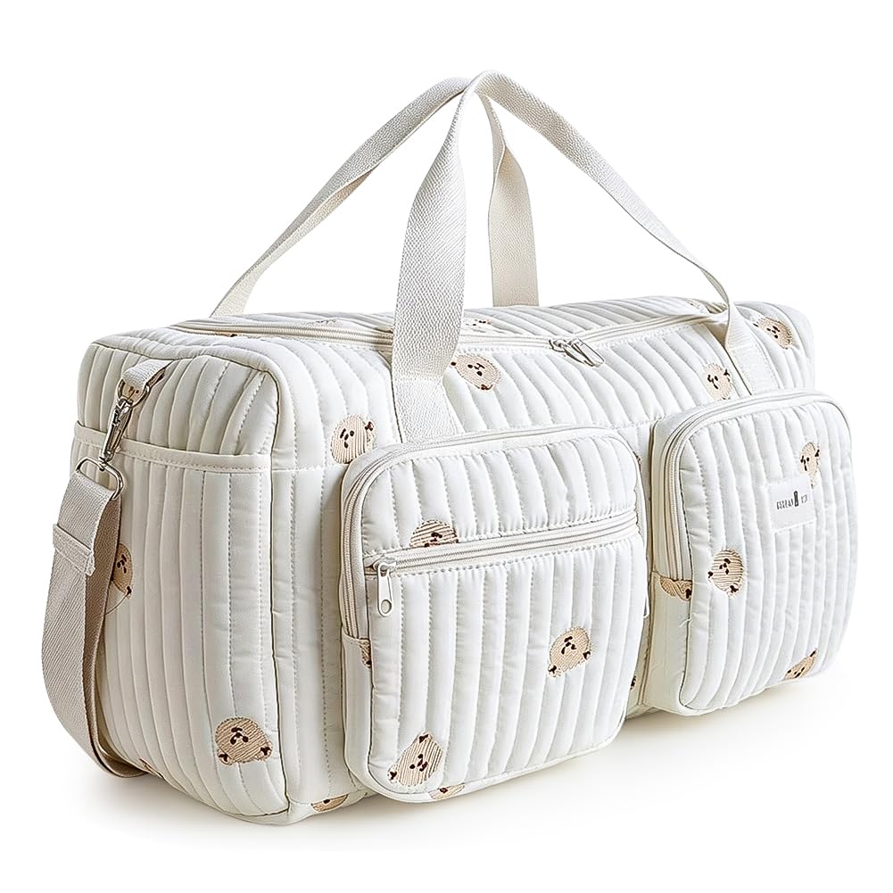 Grand sac à langer, sac clinique de naissance, 48 × 22 × 26 cm, en coton, sac pour bébé, avec broderie, sac maman pour l'hôpital, la naissance, les voyages et la poussette, pliable avec