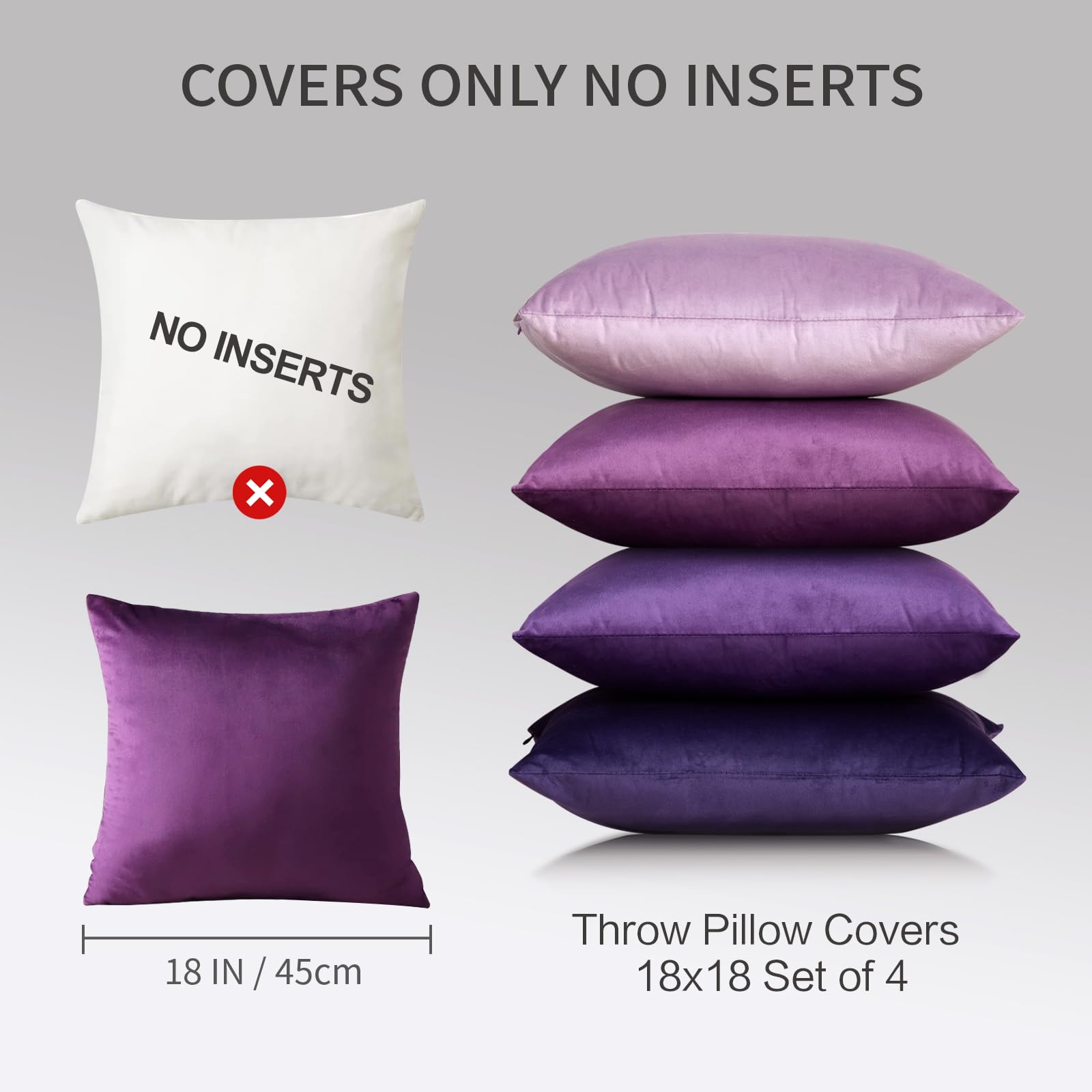 Jiiberl Throw Pillow Covers Set of 4 - 18x18 Velvet Sofa Pillow Covers for Living Room & Bed (Purple)