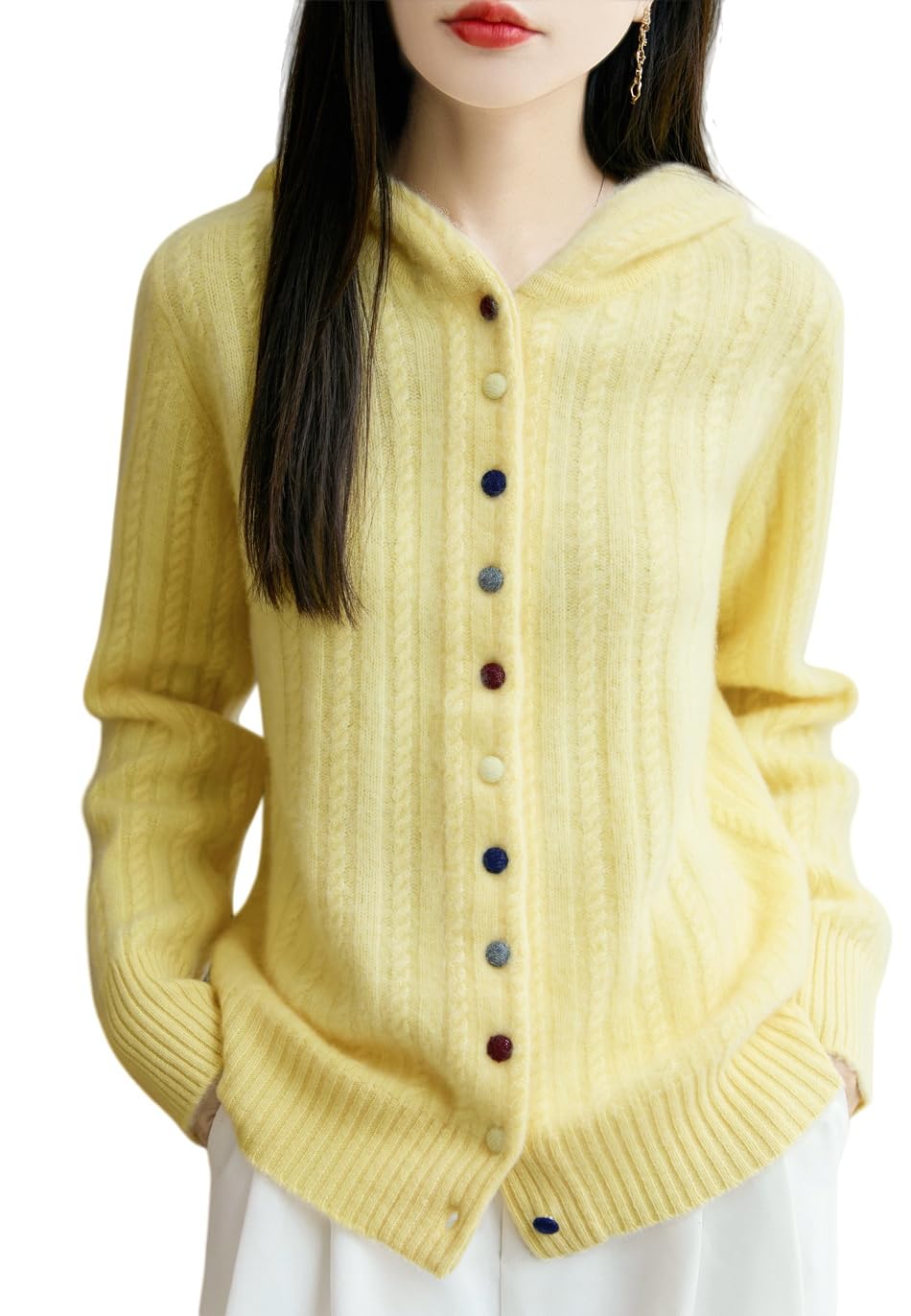 Cardigan Donna Invernale Maglioni Cardigan in Lana Merino da Donna Maglione Spesso Lavorato A Maglia con Cappuccio Top Chic Colorato con Bottoni Cappotto in Maglia Caldo Invernale Felpa A