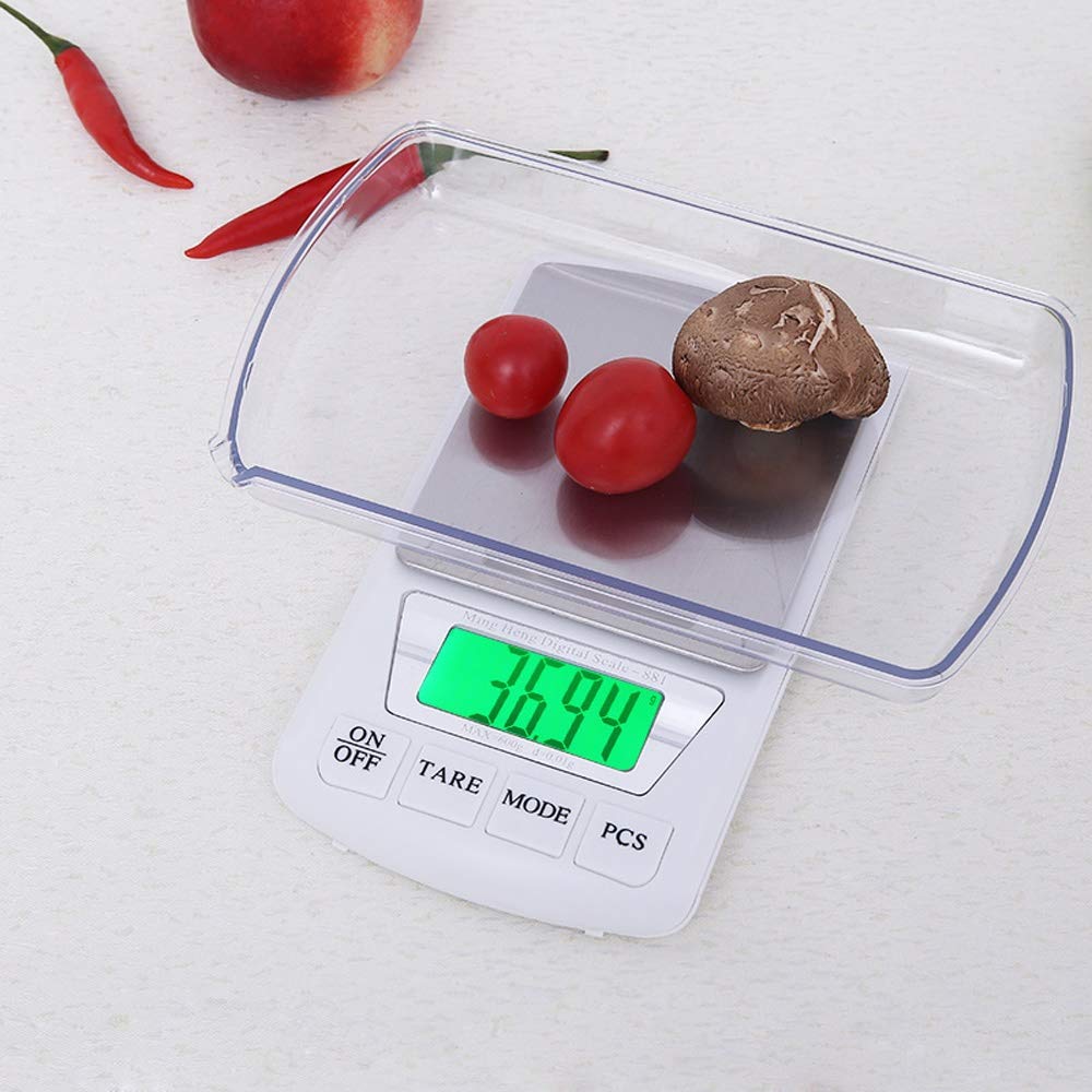 Elektronische digitale Küchenwaage, 0,01 g, präzise Schmuckwaage, tragbare Lebensmittel-Back-Taschenwaage mit Hintergrundbeleuchtung, Tara und PCS-Funktion for Tee, Obst, Kaffee, Kochen (Color