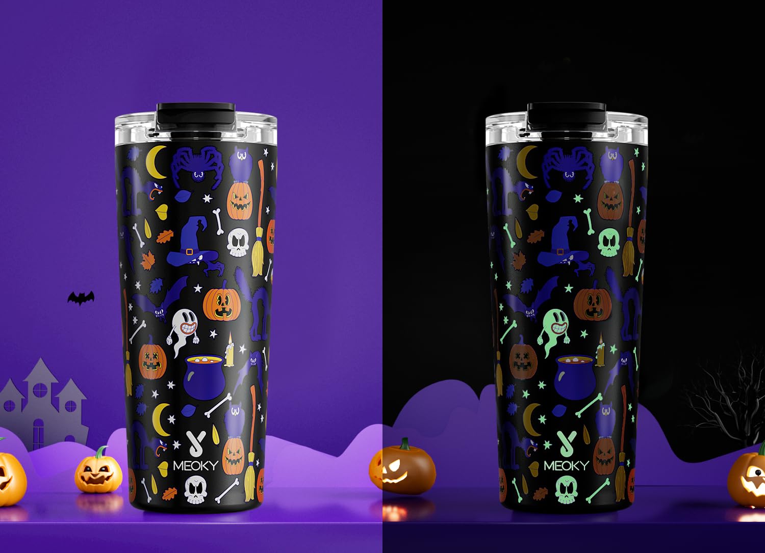 Meoky 24 oz Halloween Travel Coffee Mug with Leak-proof Lid, Glow in the Dark Stainless Steel Insulated Coffee Tumbler - Image 2