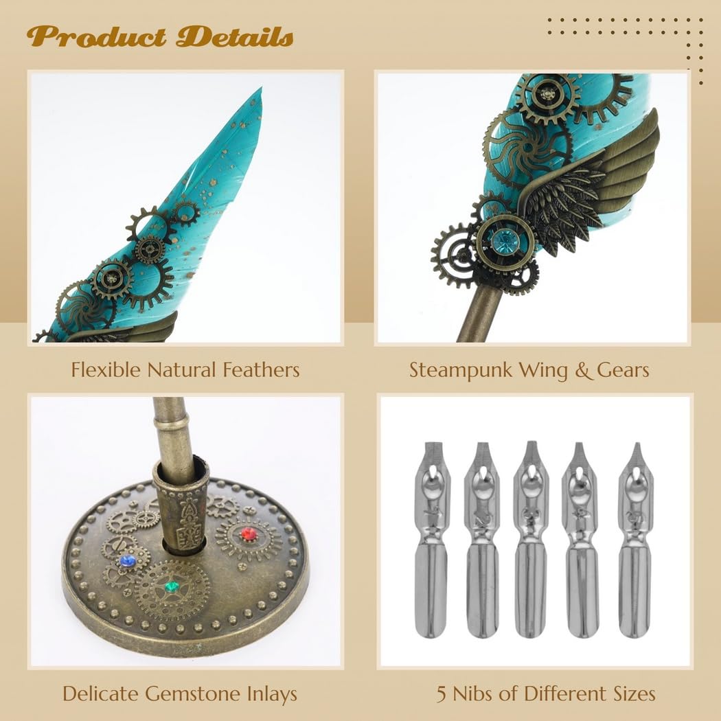Set penna piuma con inchiostro, sigillo di cera e 5 pennini, kit per calligrafia vintage steampunk, per scrittori